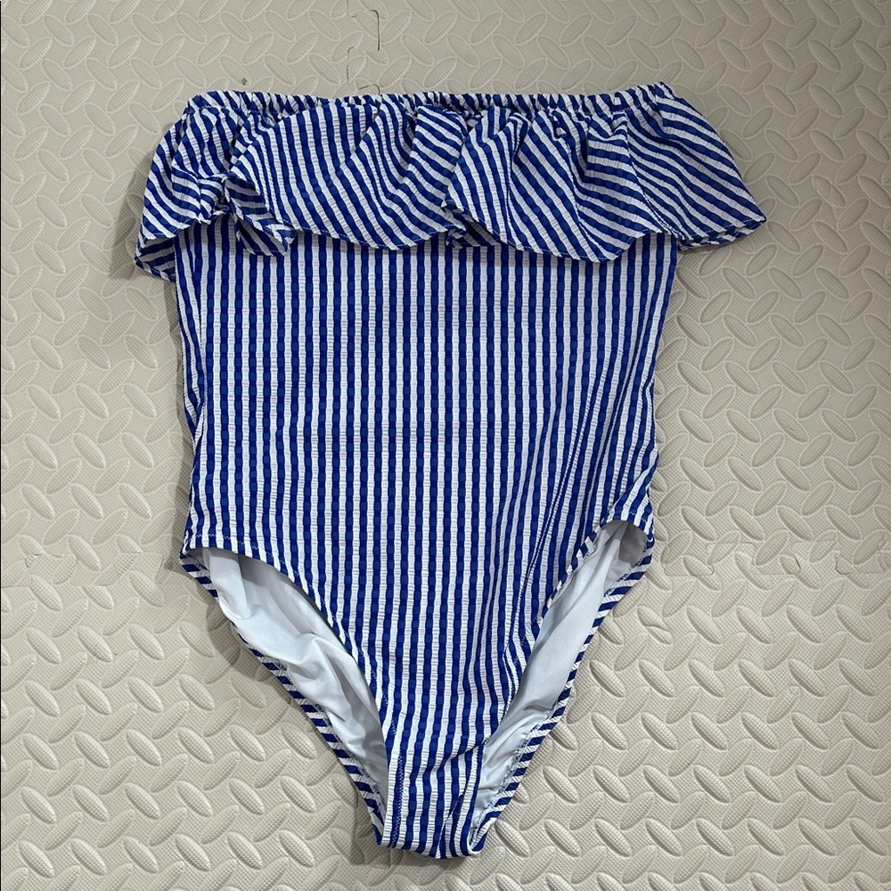 J. Crew Kids Blue and White Ruffle Swimsuit